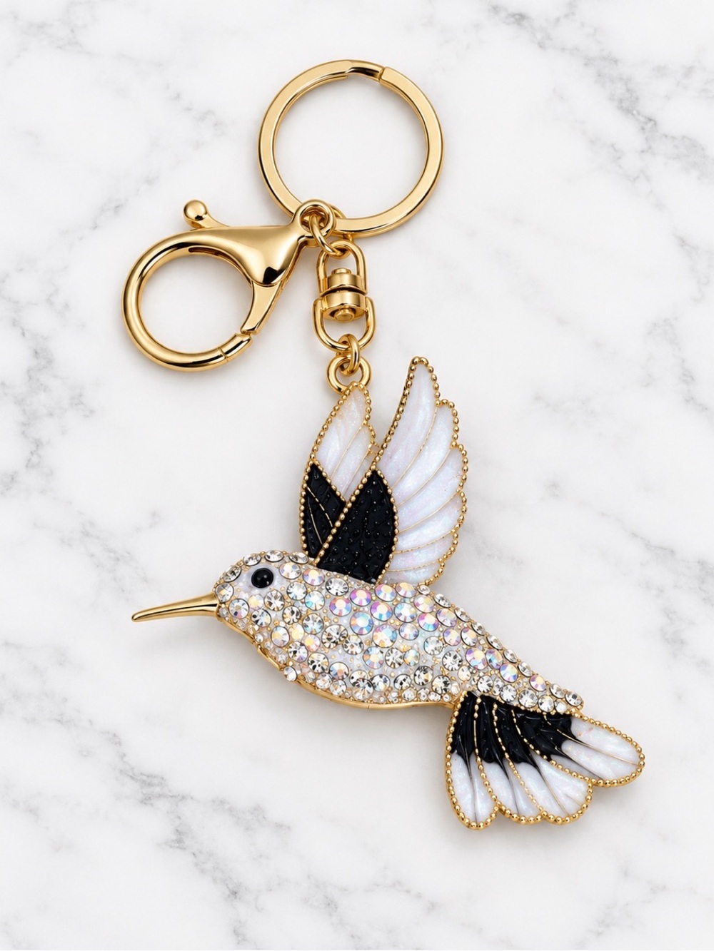 Black Enamel Hummingbird Bag Charm/ Keyring-White Stone Accents-Gold Hardware